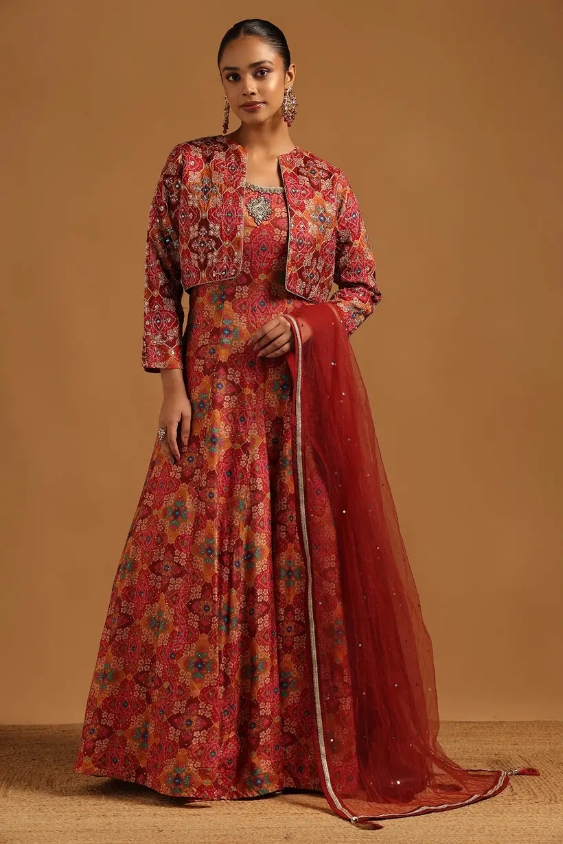 Rust Dola Silk Patola Printed Gown With Mirror & Cutdana
